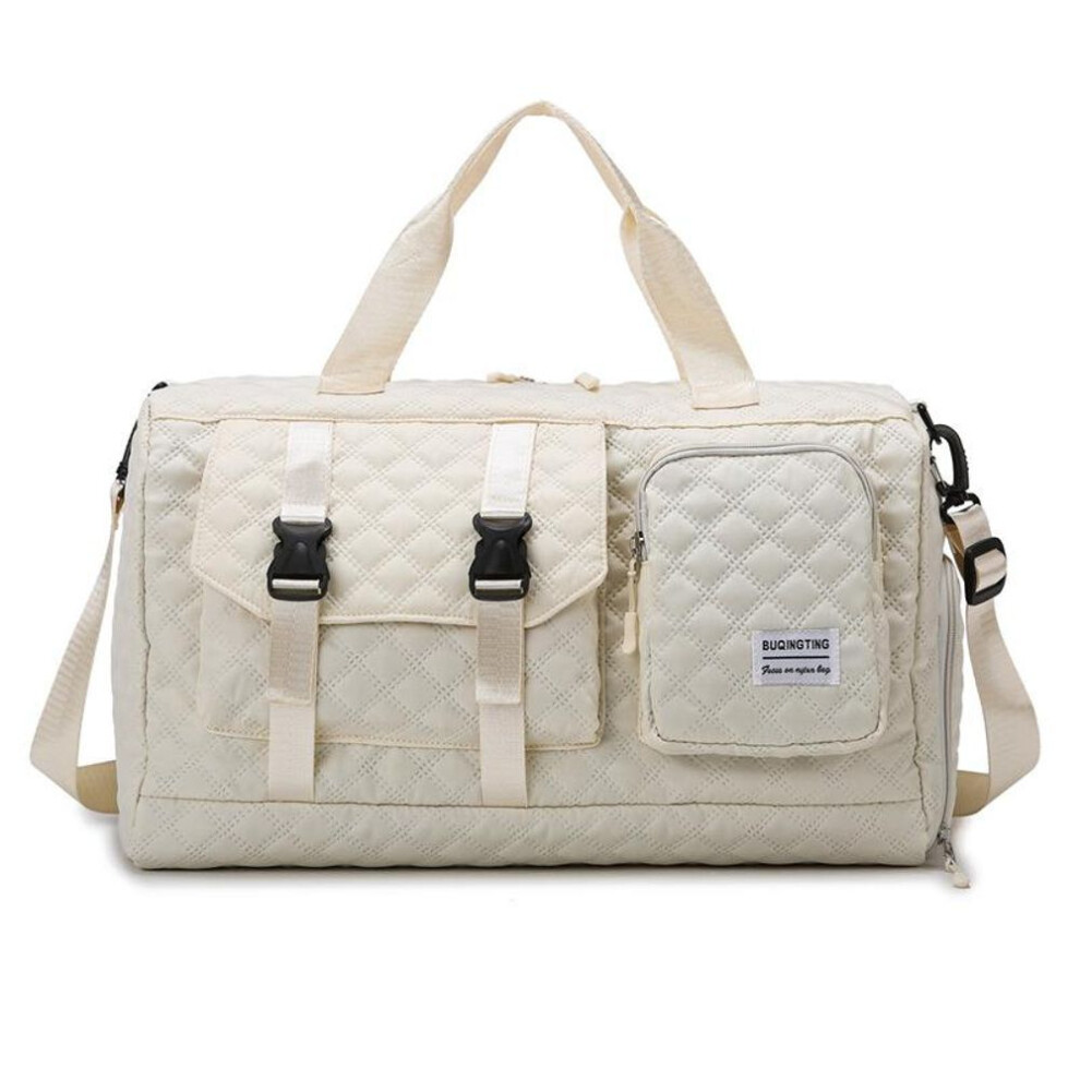 (beige, One Size) Spacious Lattice Travel Shoulder Bag - Durable Nylon, Portable Sports Gym Bag, Suitable for Short Trips, Available In Grey, Pink, Purple, Black