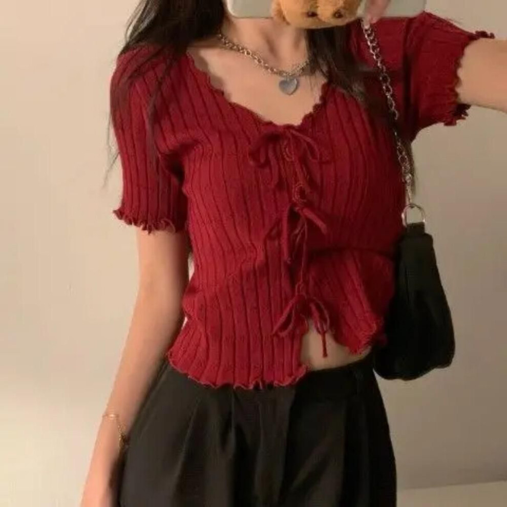 (One Size, red) Design Sense Strappy Short-sleeved Knit Sweater Thin Women's Summer New Korean Version Slim Short Base Shirt Top