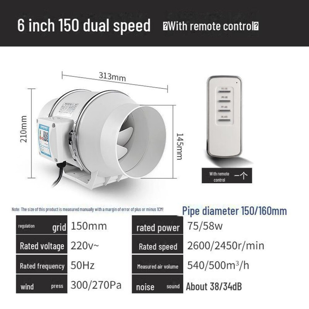 (as the picture, 6-inch 150 dual speed with remote control) Circular Diagonal Flow Exhaust Fan - Silent Axial Ventilation For Bathroom And Kitchen