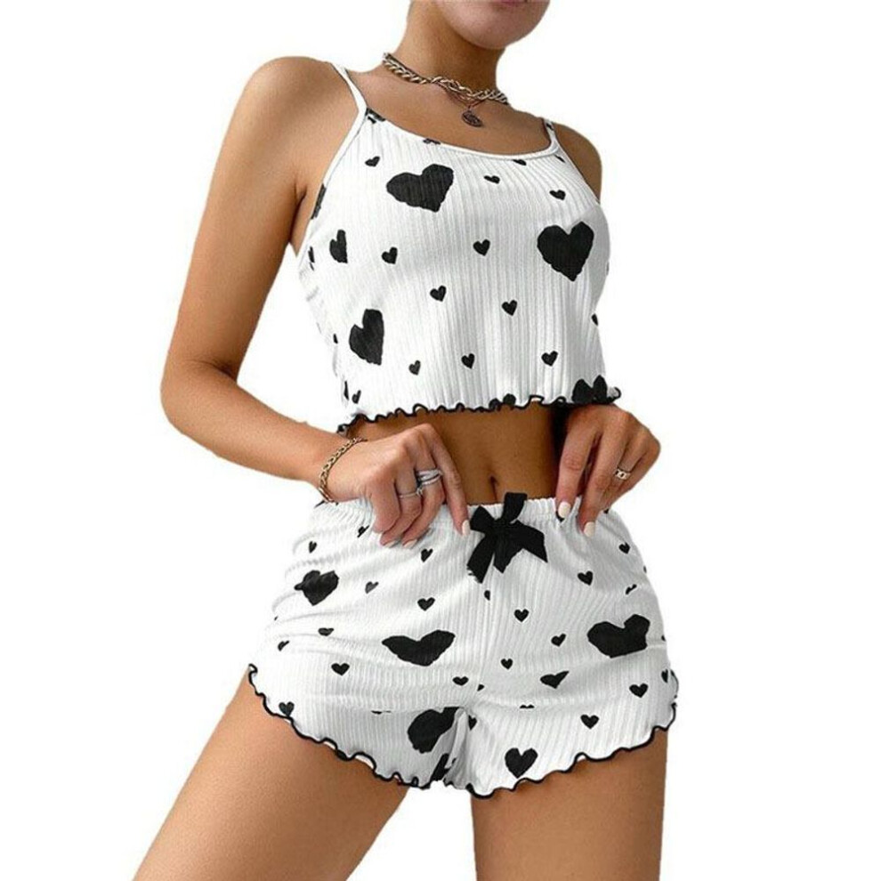 (S, white) Sexy Love Hearts Printing Pajama Women Ladies Soft Tops And Shorts Pyjamas Set 2 Pcs Sleepwear Casual Lingerie