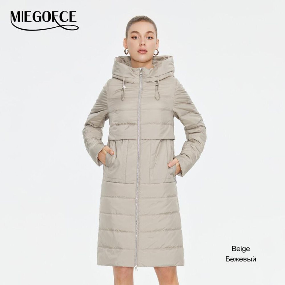 (beige, S) Miegofce Spring Autumn Women's Long Coat Long Sleeve Quilted Female Solid Color Jacket Windproof Hooded Parka C23609