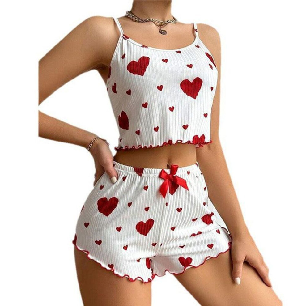 (XL, red) Sexy Love Hearts Printing Pajama Women Ladies Soft Tops And Shorts Pyjamas Set 2 Pcs Sleepwear Casual Lingerie