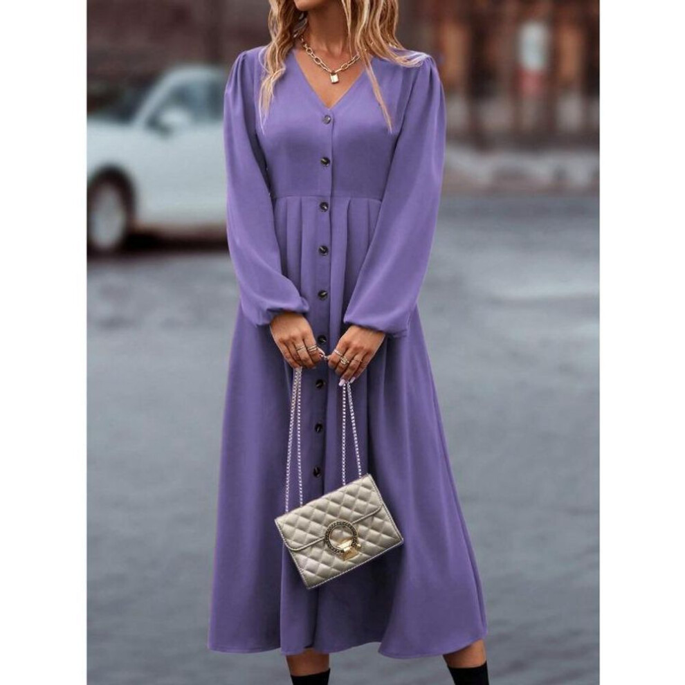 (purple, S) Yyfs women's Fashion Spring Fall Solid Color Print Long Sleeve V-neck High Waist Casual Dresses