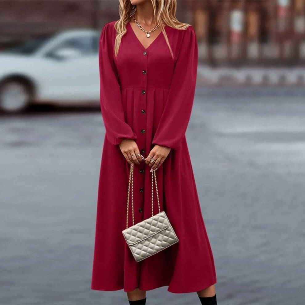 (rose red, XXXXL) Yyfs women's Fashion Spring Fall Solid Color Print Long Sleeve V-neck High Waist Casual Dresses