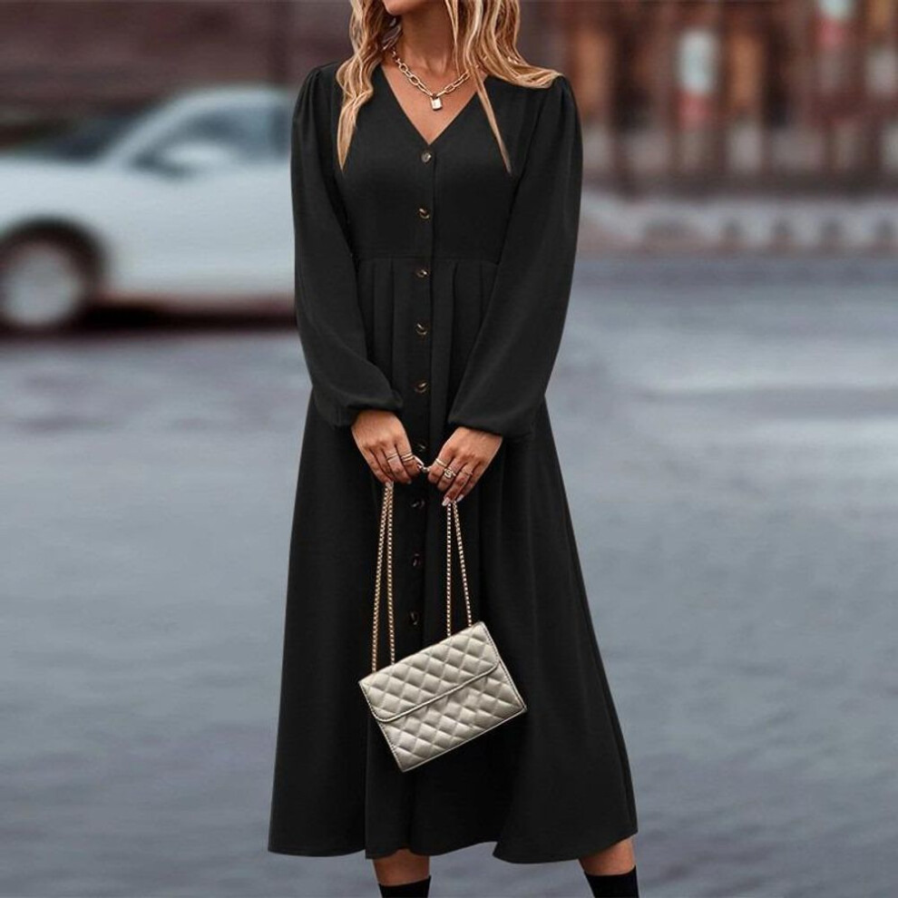 (black, XL) Yyfs women's Fashion Spring Fall Solid Color Print Long Sleeve V-neck High Waist Casual Dresses