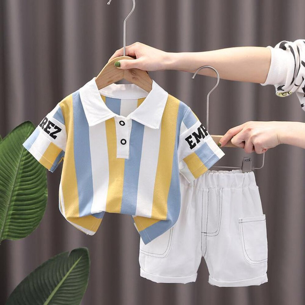 (as the picture, yellow, white and blue short sleeves, 90cm) Short-sleeved Summer Two-piece Suit For Baby Boys - Trendy Striped Polo Shirt
