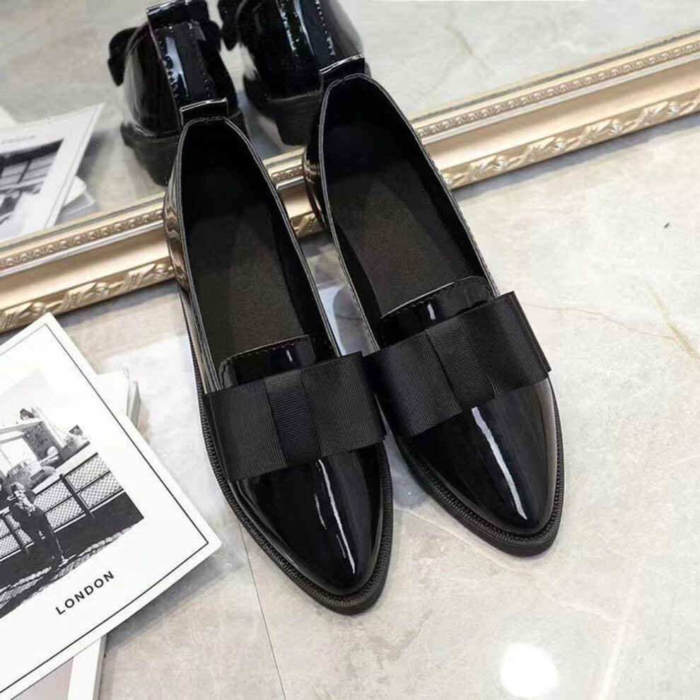 (black, 35) Spring Korean Bowknot Pointed Toe Women's Casual Flat Slip-on Leather Shoes