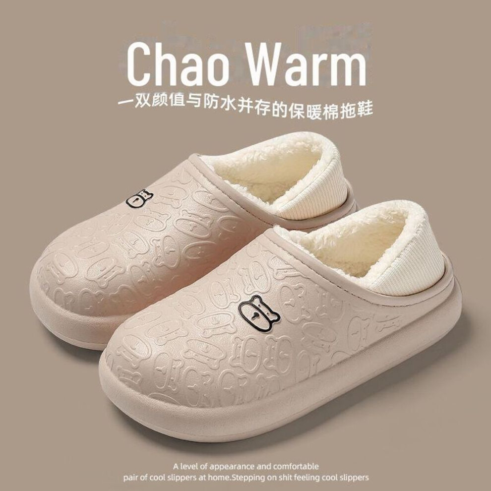 (khaki, 40-41) Waterproof Winter Cotton Slippers - Women's/Men's Thick-Soled Soft, Warm Shoes