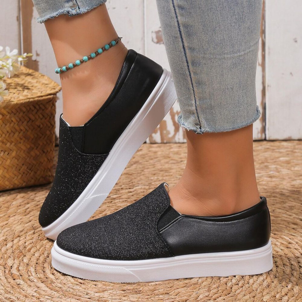 (black, 37) Women's 2023 Summer Casual Round Toe Elastic Sequin Loafers - Large Size Flat Shoes