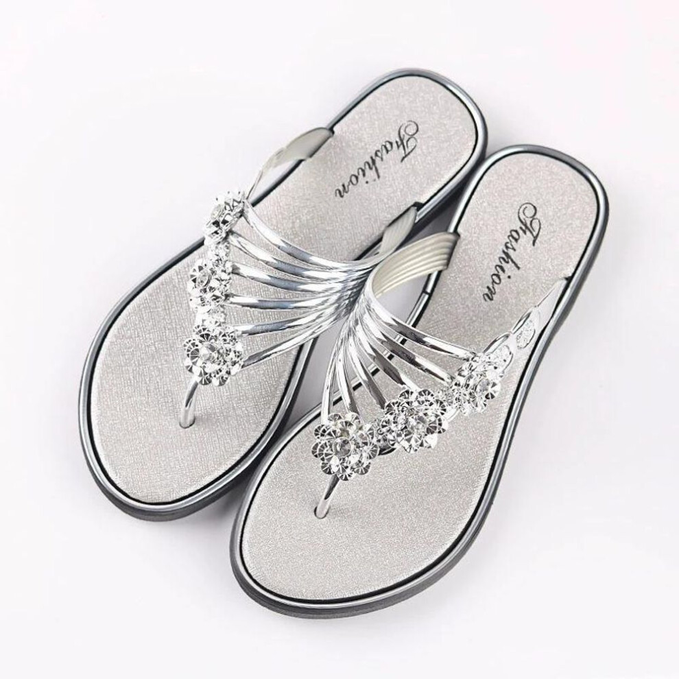 (silver, 44) 2024 Women's Rhinestone And Metal Flower Beach Flip Flops