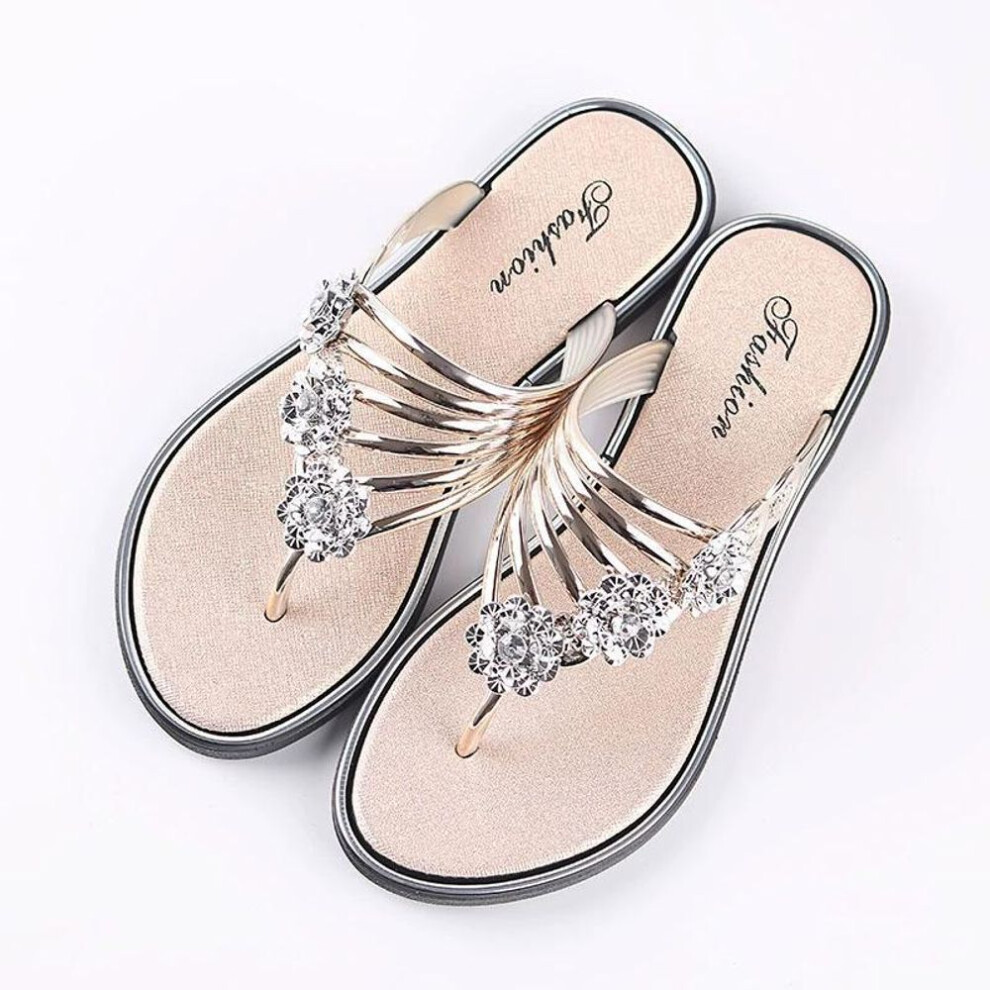 (gold, 44) 2024 Women's Rhinestone And Metal Flower Beach Flip Flops