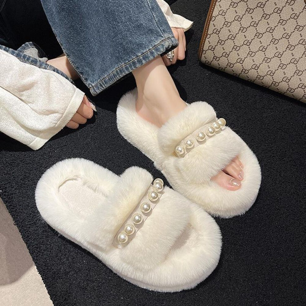 (off white, 35) Pearl Fur Slippers for Women: Thick-Soled Velvet Comfort for Spring, Autumn, and Winter Indoors or Outdoors 2024