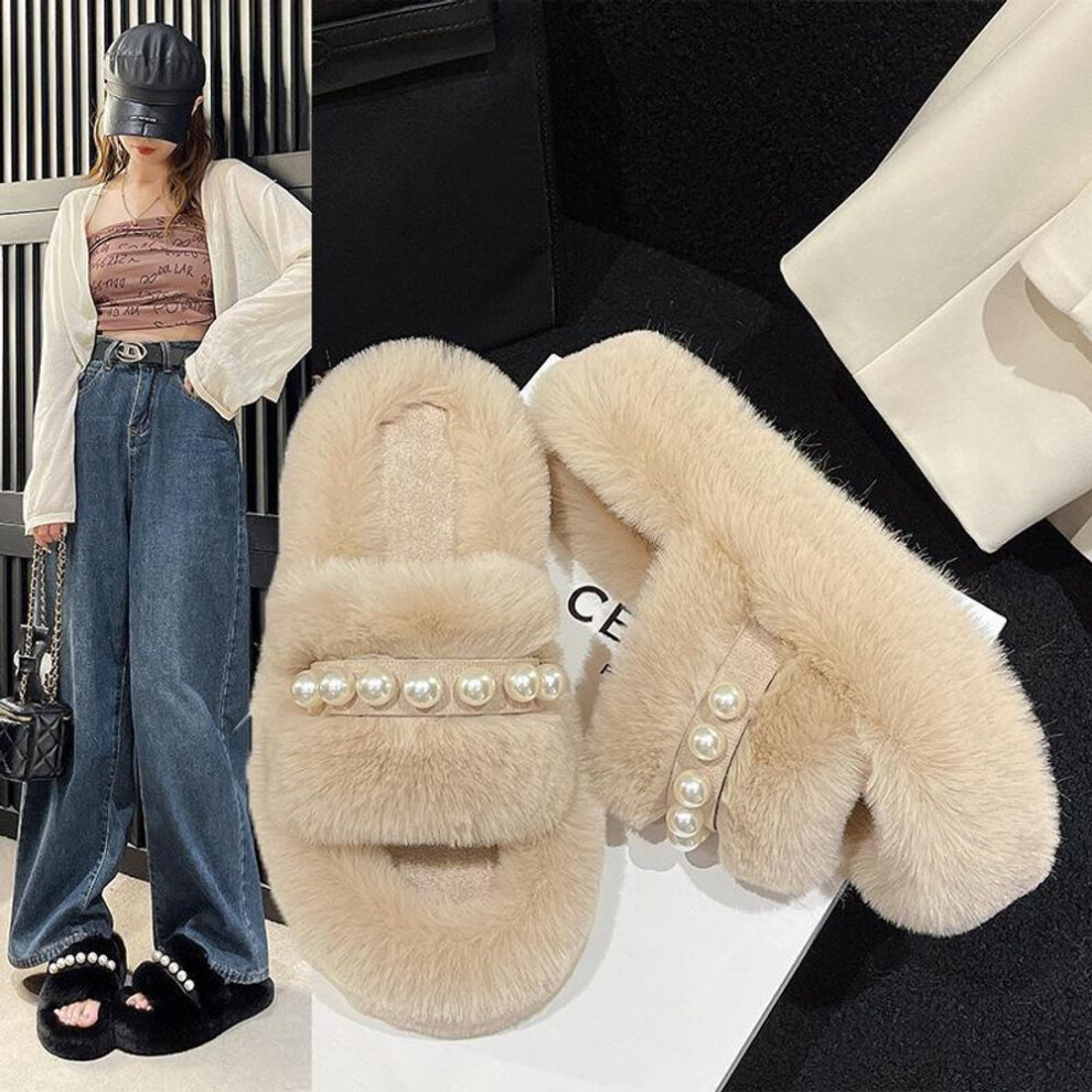 (khaki, 37) Pearl Fur Slippers For Women: Thick-soled Velvet Comfort For Spring, Autumn, And Winter Indoors Or Outdoors 2024