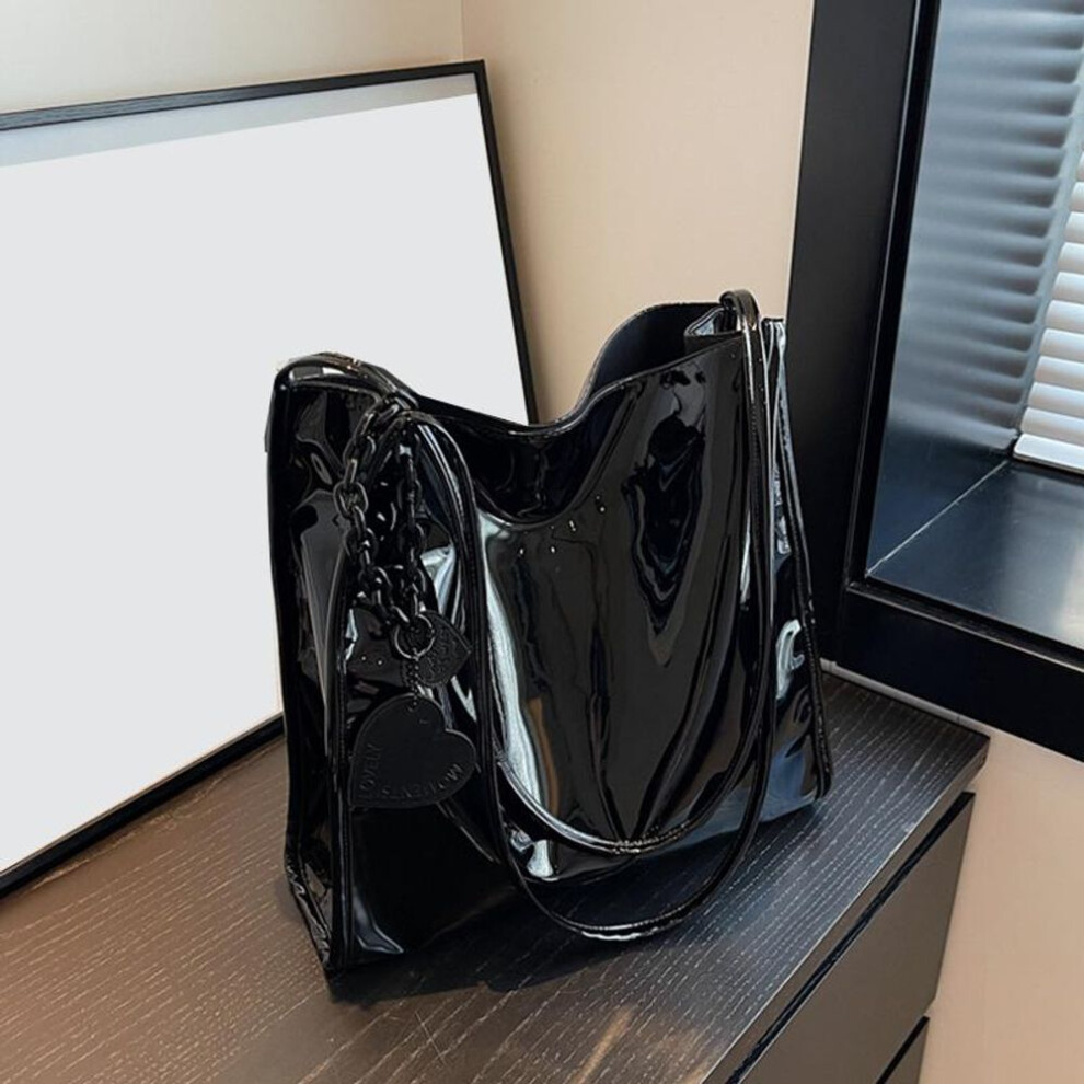 (black, 31x10x29cm) Solid Color Patent Leather Women Fashion Shoulder Bag Ladies Simple Luxury Handbag Purse Casual Travel Shopping Totes