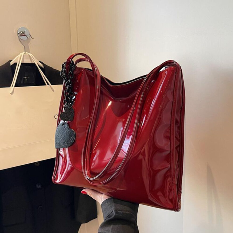 (red, 31x10x29cm) Solid Color Patent Leather Women Fashion Shoulder Bag Ladies Simple Luxury Handbag Purse Casual Travel Shopping Totes