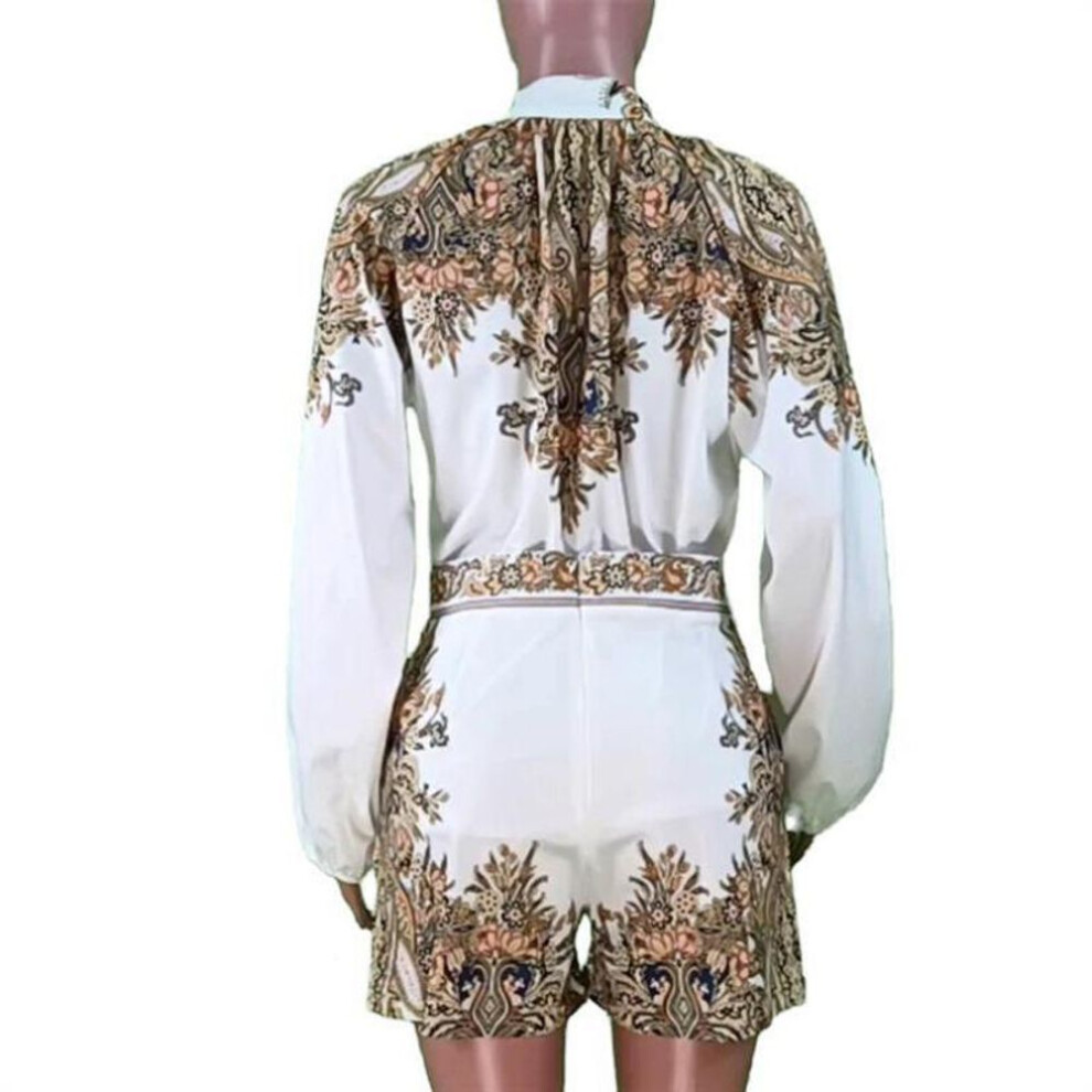 (white, S) Autumn Suit New Women's Temperament Elegant Long-sleeved Printed Blouse Shorts Fashion Two-piece Set