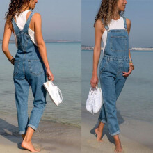 (3XL, dark blue) Women's denim overalls jumpsuit