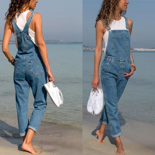 (3XL, dark blue) Women's denim overalls jumpsuit