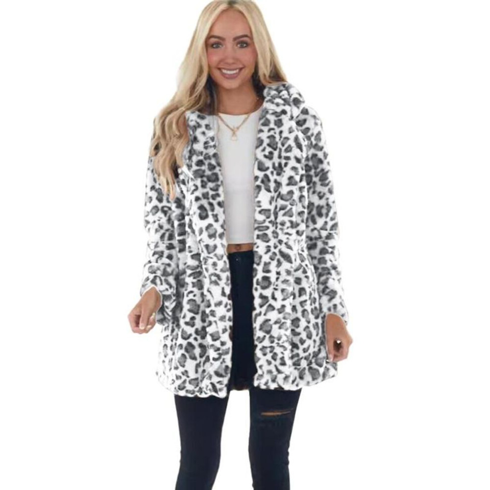 (white, L) Women's Long Sleeve Leopard Print Loose Winter Plush Jacket