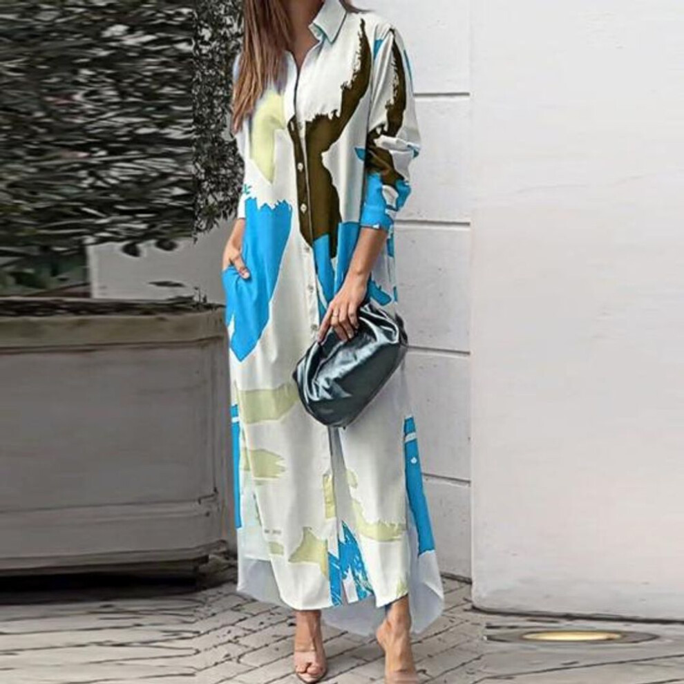 (white,light blue, XXL) Women Maxi Dress Color Matching Print Turn-down Collar Single-breasted Long Sleeves Loose Irregular Hem Casual Vacation Beach Daily Wear Dress