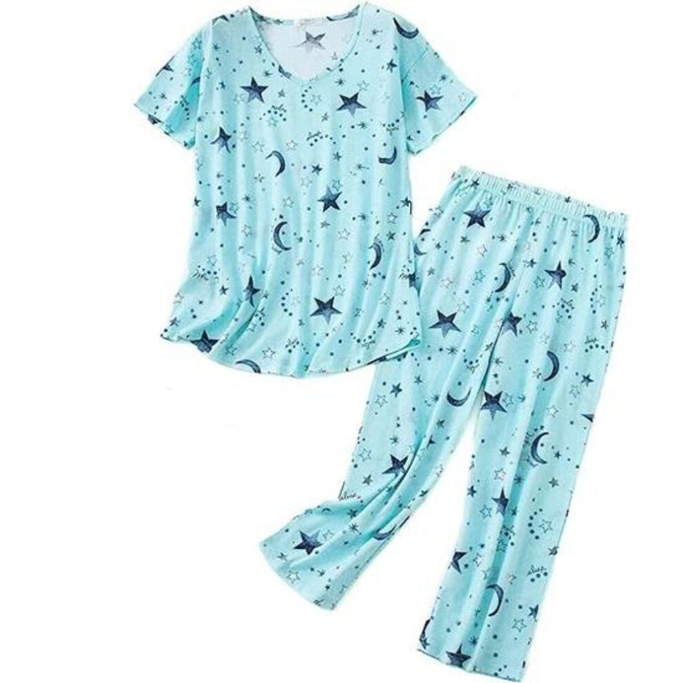 (5XL, blue,black) Women's Pajamas Sets Short-sleeved V-neck Butterfly Printed Elastic Waist Nine-point Pants 2-piece Set