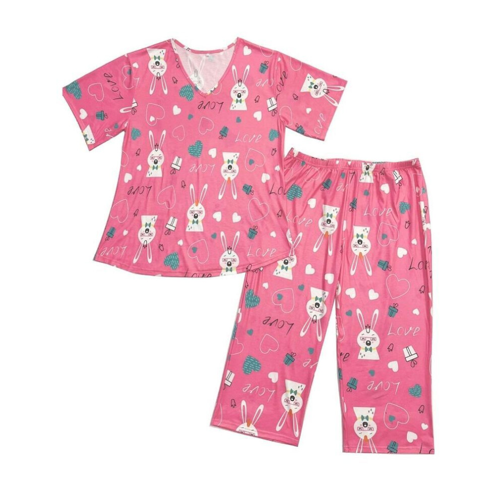 (5XL, rose) Women's Pajamas Sets Short-sleeved V-neck Butterfly Printed Elastic Waist Nine-point Pants 2-piece Set