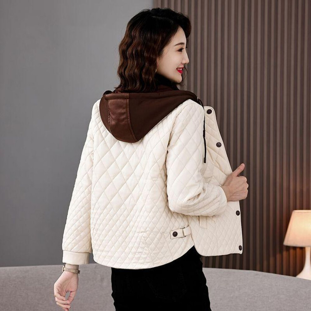 (beige, XXL) Short Hooded Diamond Quilted Cotton Jacket With Chic Design For Women