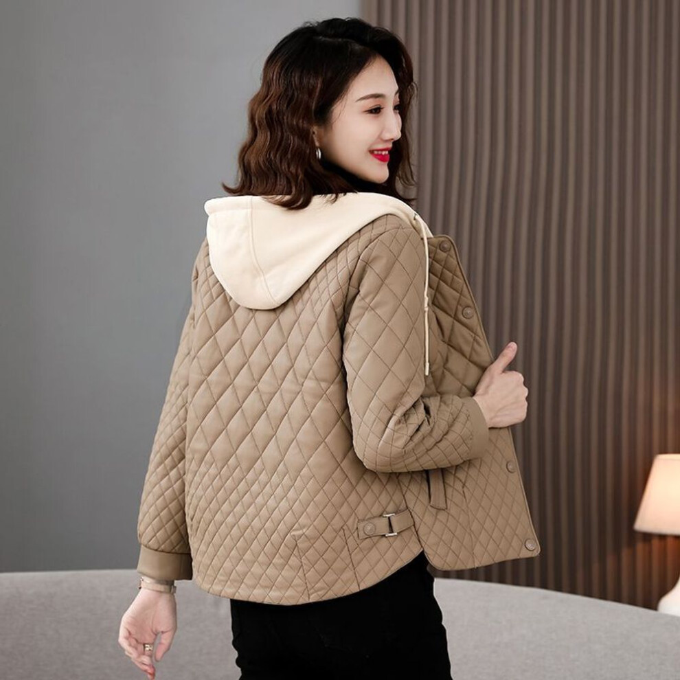(khaki, M) Short Hooded Diamond Quilted Cotton Jacket with Chic Design for Women