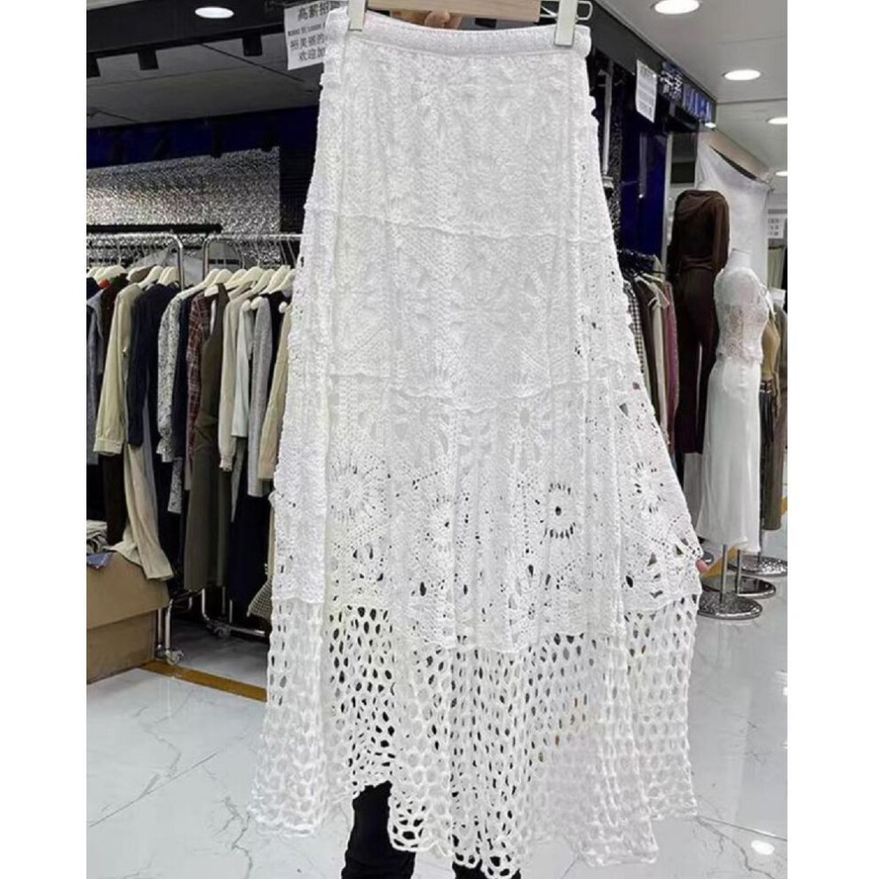 (One Size, white) Dimanaf 2025 New Skirt Women Knitting Lace Long Solid Hollow Out Sexy Hollow Summer Style Loose Basic