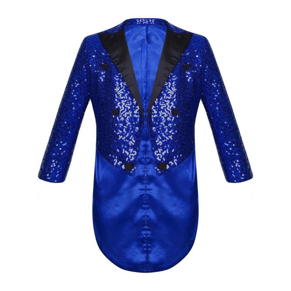(blue, 9-10 Years) Kids Boys Classic Tuxedo Sequined Blazer Tailcoat Swallowtail Suit Jacket Open Front Performance Costume