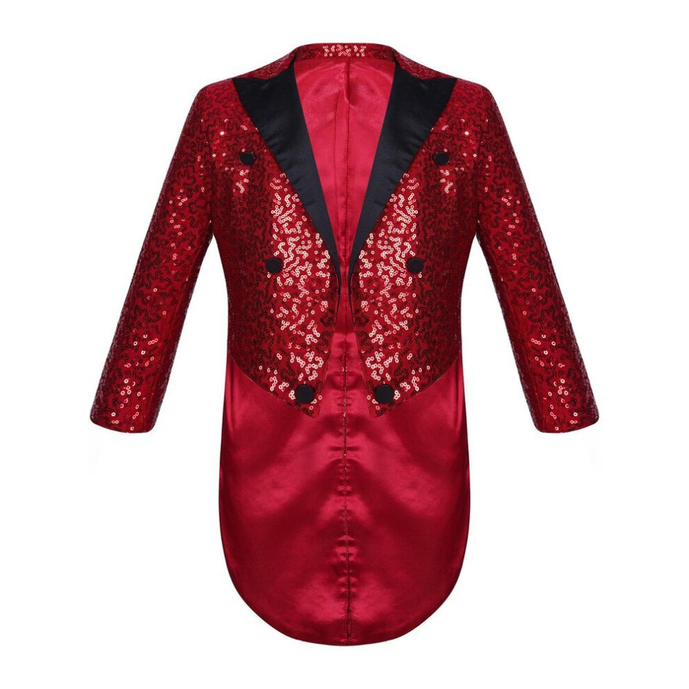 (burgundy, 13-14 Years) Kids Boys Classic Tuxedo Sequined Blazer Tailcoat Swallowtail Suit Jacket Open Front Performance Costume