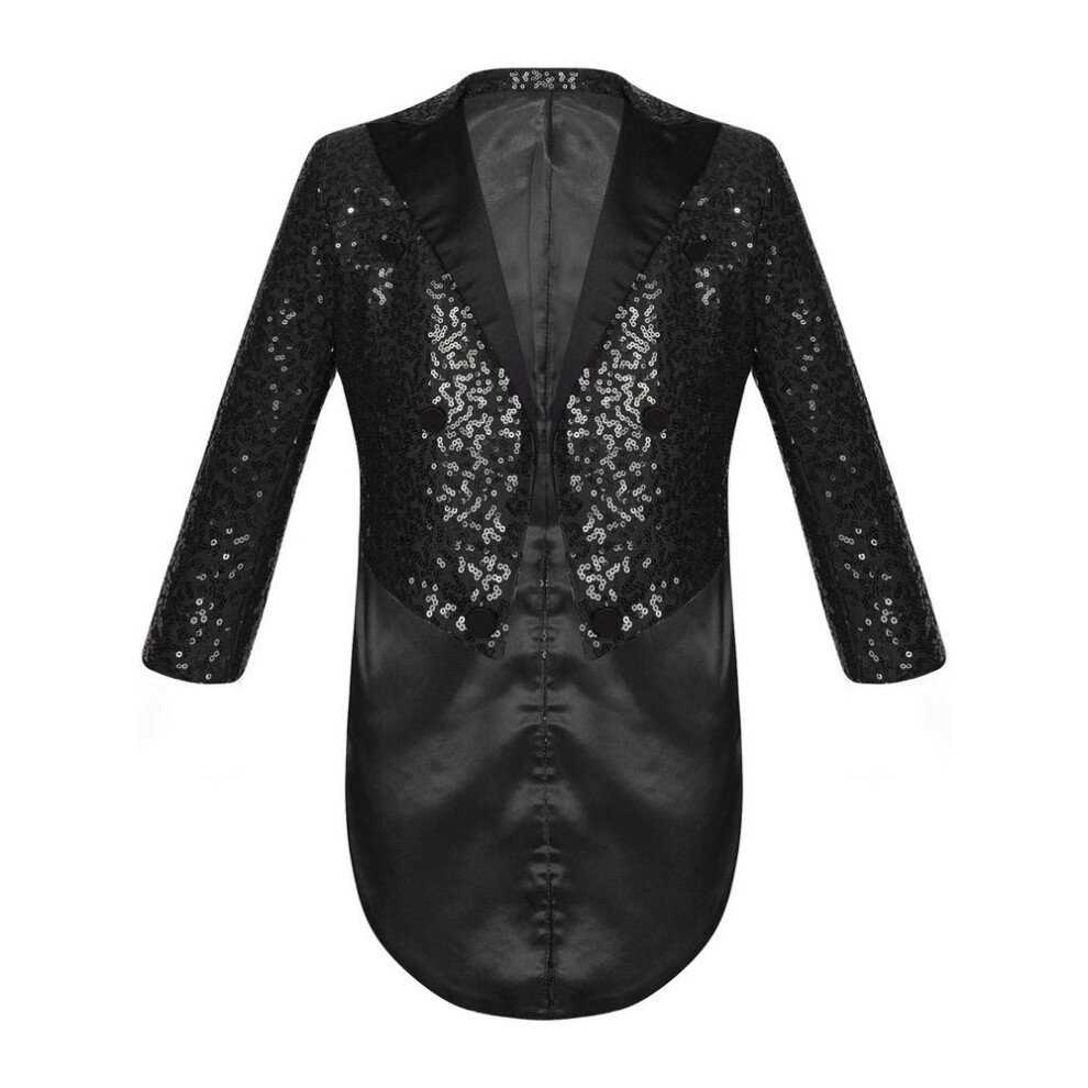 (black, 7-8 Years) Kids Boys Classic Tuxedo Sequined Blazer Tailcoat Swallowtail Suit Jacket Open Front Performance Costume