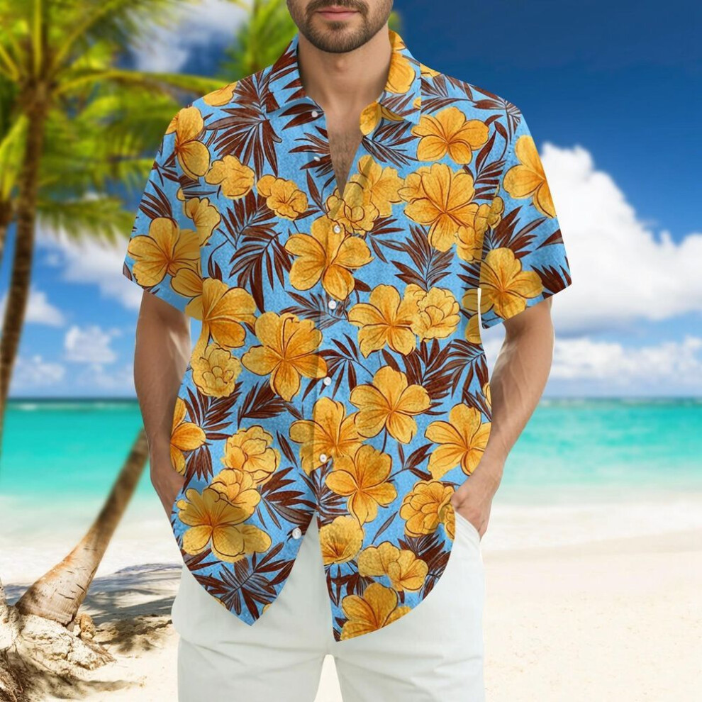 (XL, orange) Men's Fashion Loose Hawaiian Printed Short Sleeve Beach Shirt