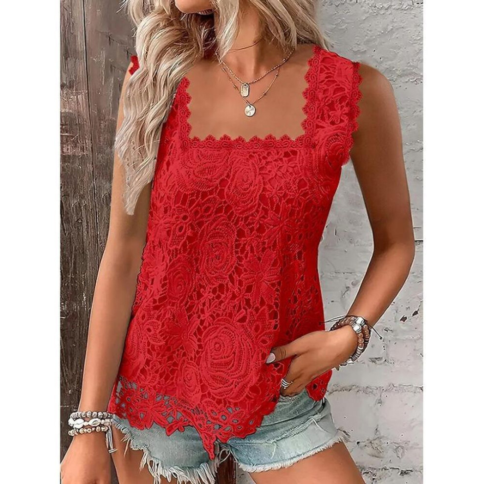 (5XL, red) Summer New Square Collar Lace Sleeveless White Casual Blouses Women Tops Elegant Solid Plus Size Shirts for Women Fashion Vintage Loose Shirt 26047
