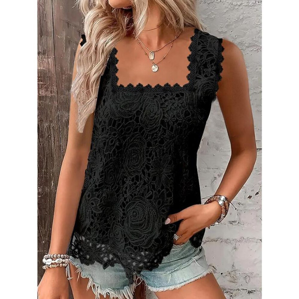 (XXL, black) Summer New Square Collar Lace Sleeveless White Casual Blouses Women Tops Elegant Solid Plus Size Shirts for Women Fashion Vintage Loose Shirt 26047