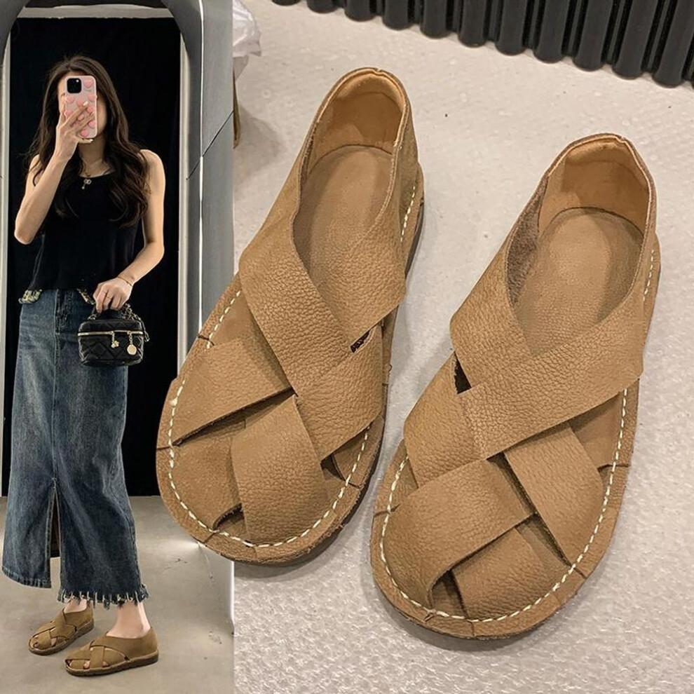 (dark khaki, 39) leather Women's Sandals Top Layer Cowhide Handmade Woven  Women casual Flats the retro art mori girl shoes