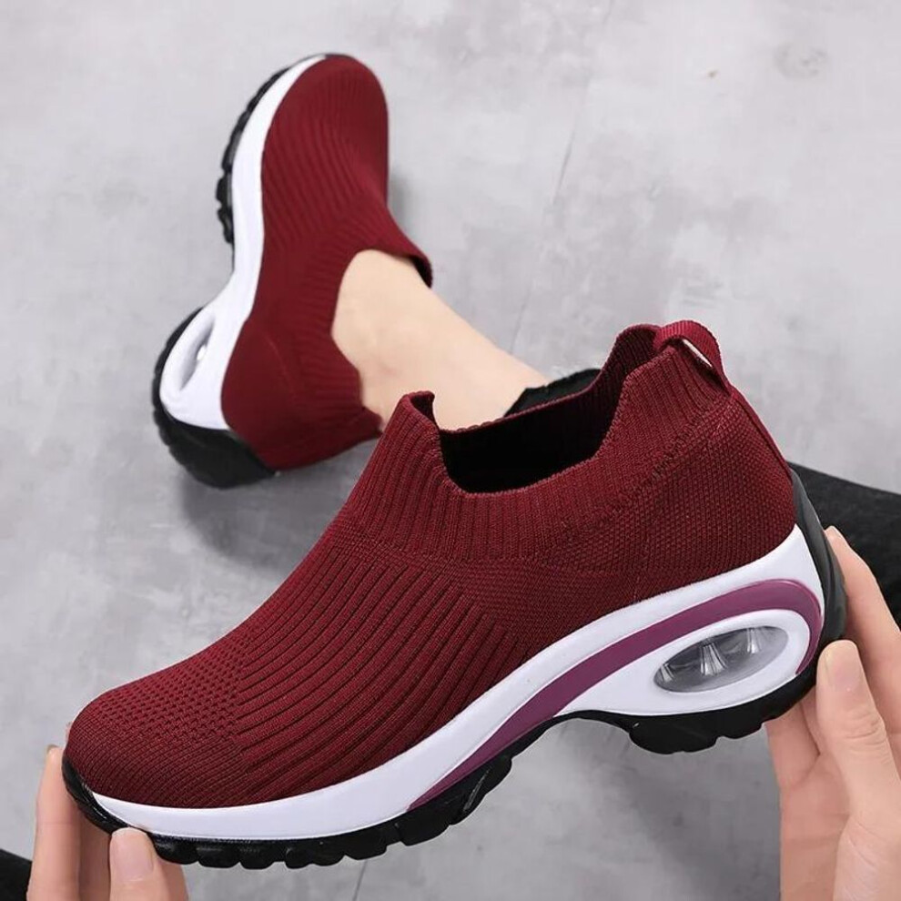 (burgundy, 35) New Fall Casual Women's Shoes Casual Sneakers Fly Woven Breathable Lazy Shoes Slip-on Women's Sneakers Womens Shoes