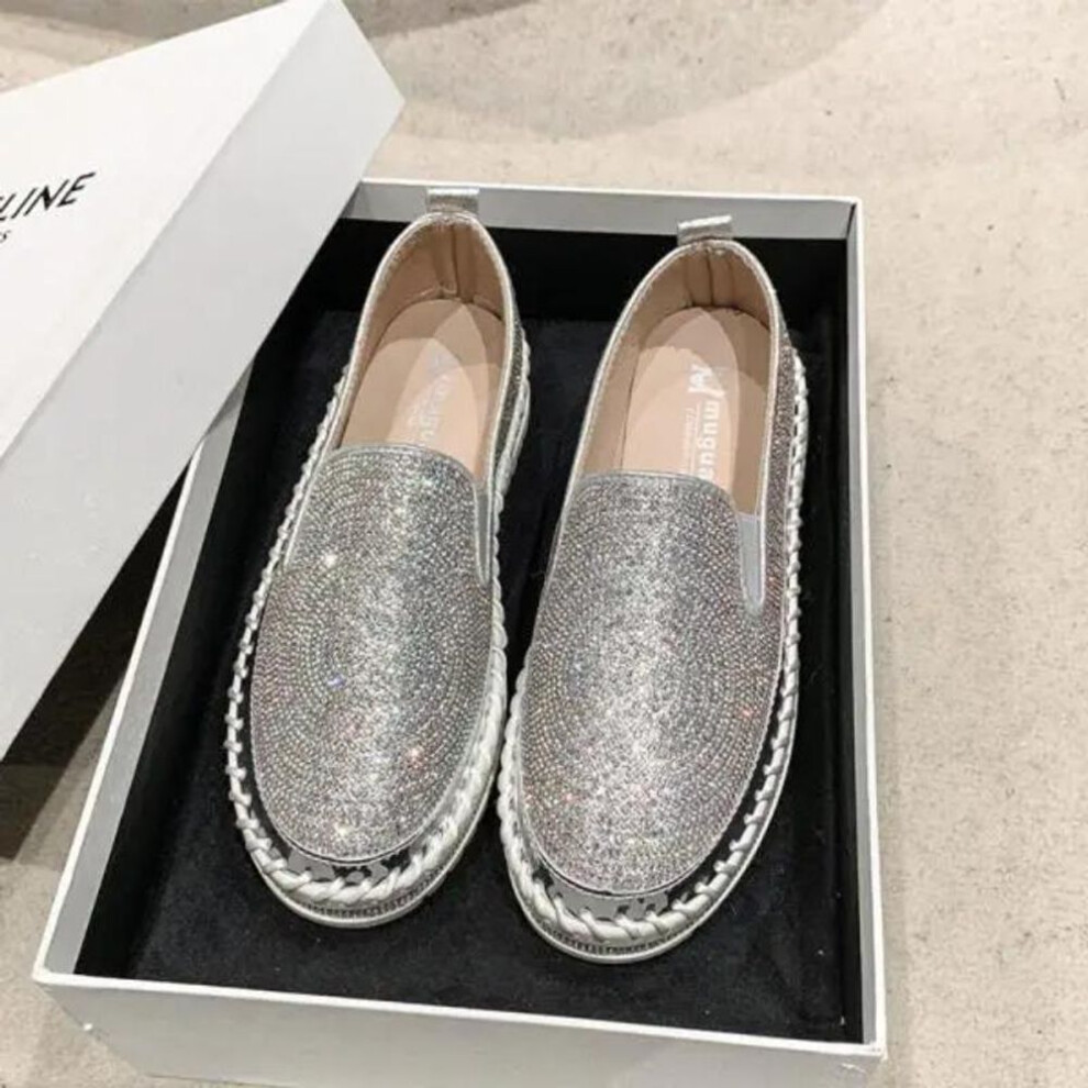 (silver, 36) Shoes Woman Flats Slip-on Casual Female Sneakers Modis Crystal Loafers With Fur Round Toe Shallow Mouth Dress Slip On Retro Big