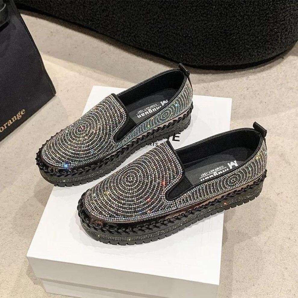 (black, 43) Shoes Woman Flats Slip-on Casual Female Sneakers Modis Crystal Loafers With Fur Round Toe Shallow Mouth Dress Slip On Retro Big