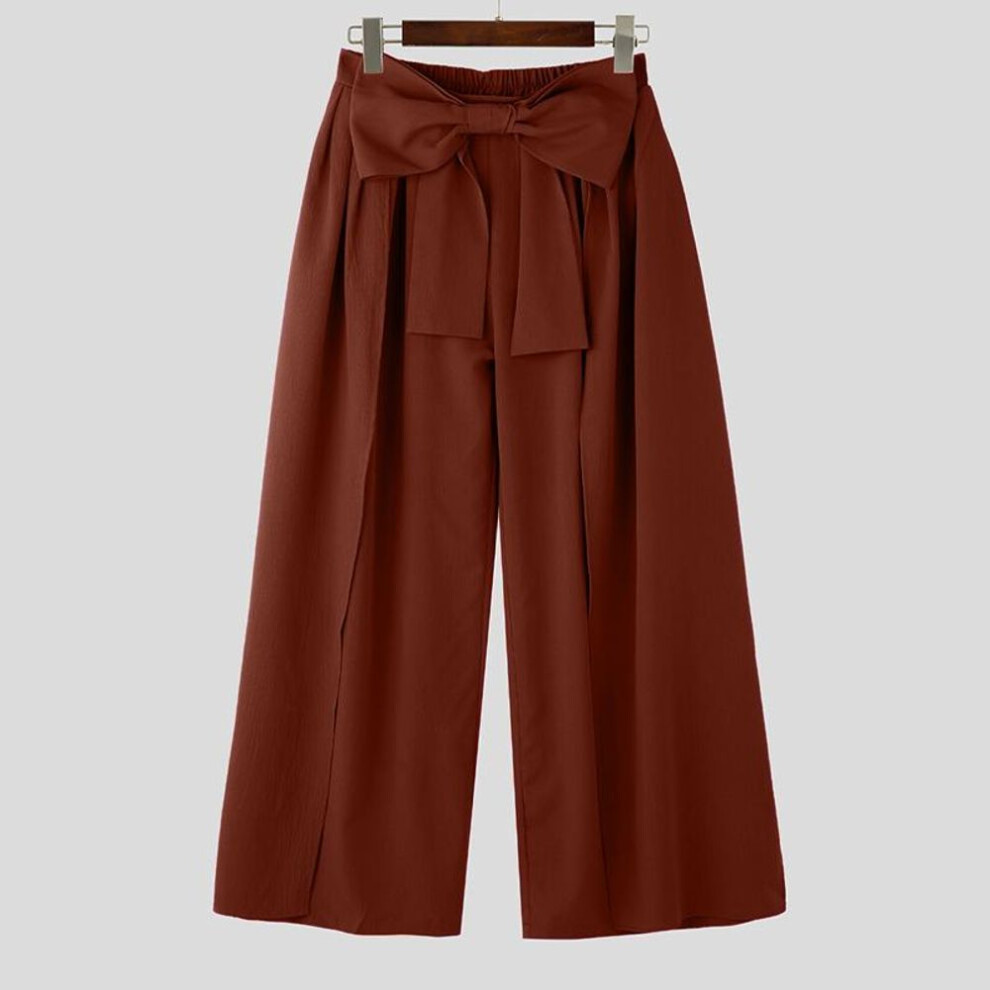 (brown, XL) Incerun Men Elastic Waist Wide Leg Pants Casual Loose Bow Knot Long Layers Trousers