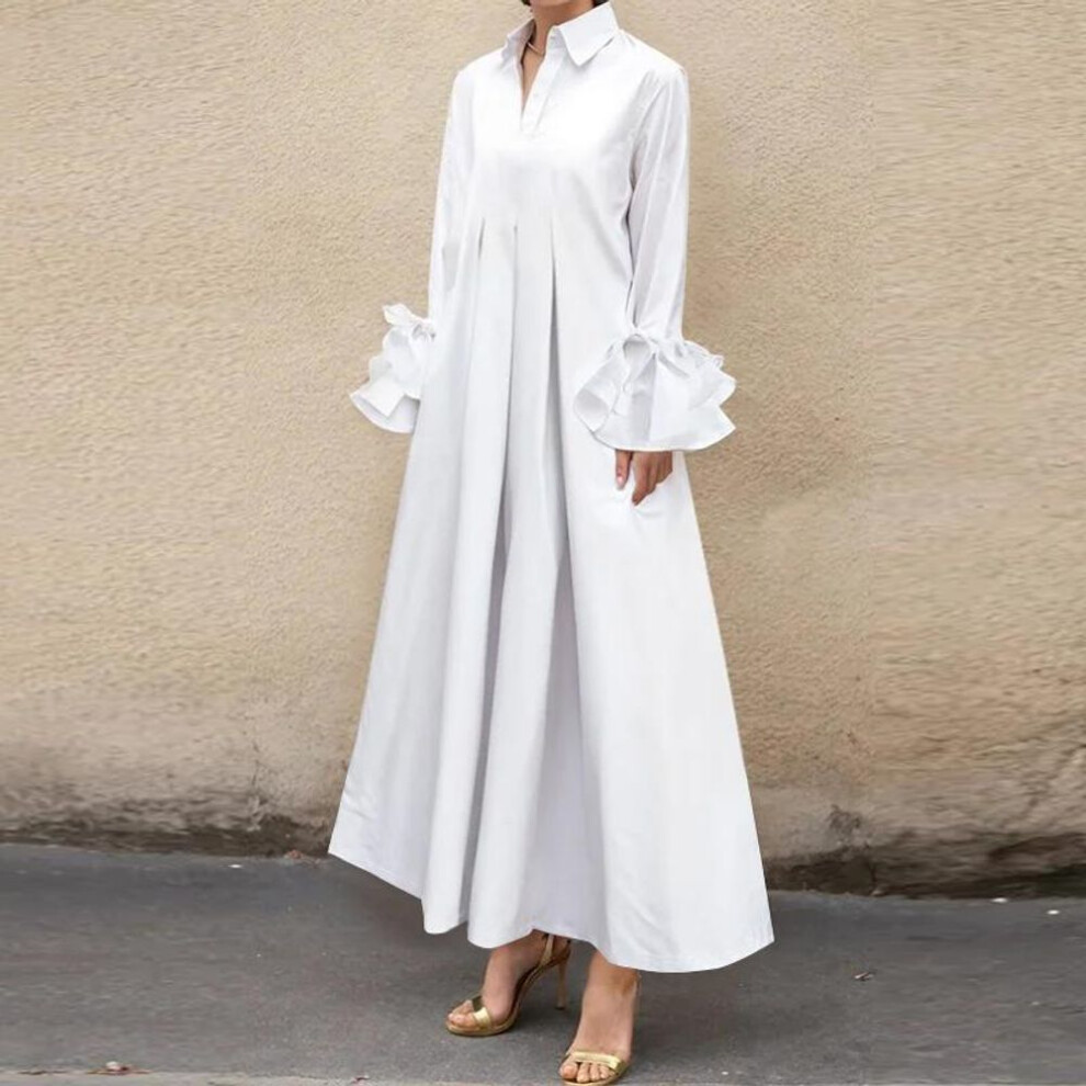 (white, XL) VONDA Women Fashion Shirt Collar Ruffle Long Sleeve Dresses