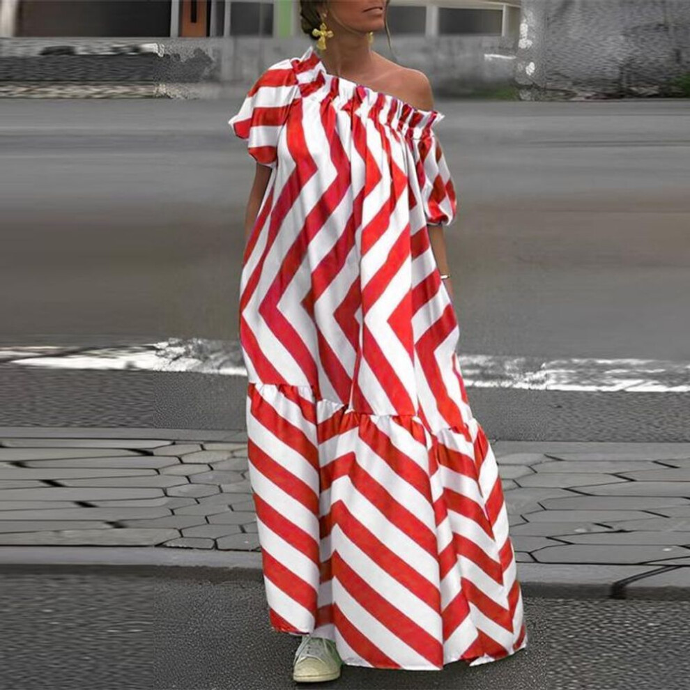 (orange, 3XL) Women Summer Large Size Off Shoulder Short Sleeve Striped Printed Dresses