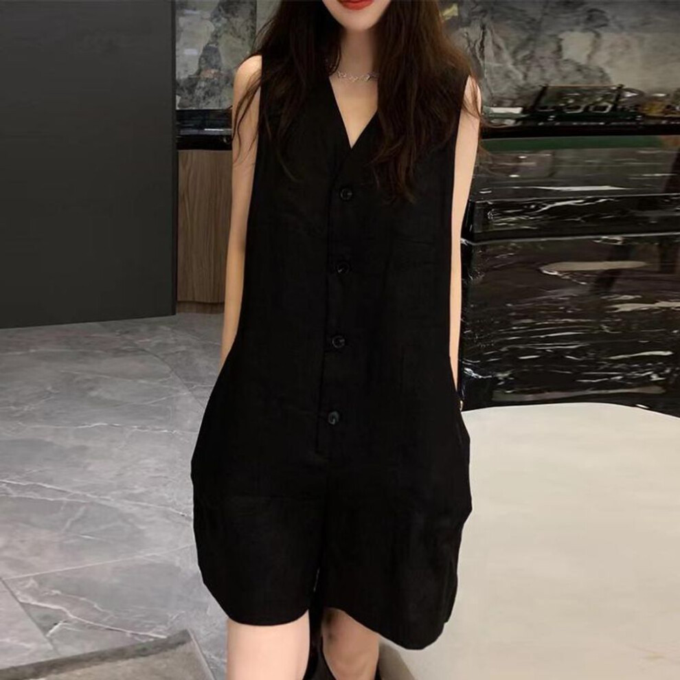 (5XL, black) Vonda Women Summer  V-neck Sleeveless Pocket Jumpsuits
