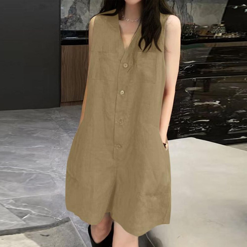 (4XL, khaki) Vonda Women Summer  V-neck Sleeveless Pocket Jumpsuits