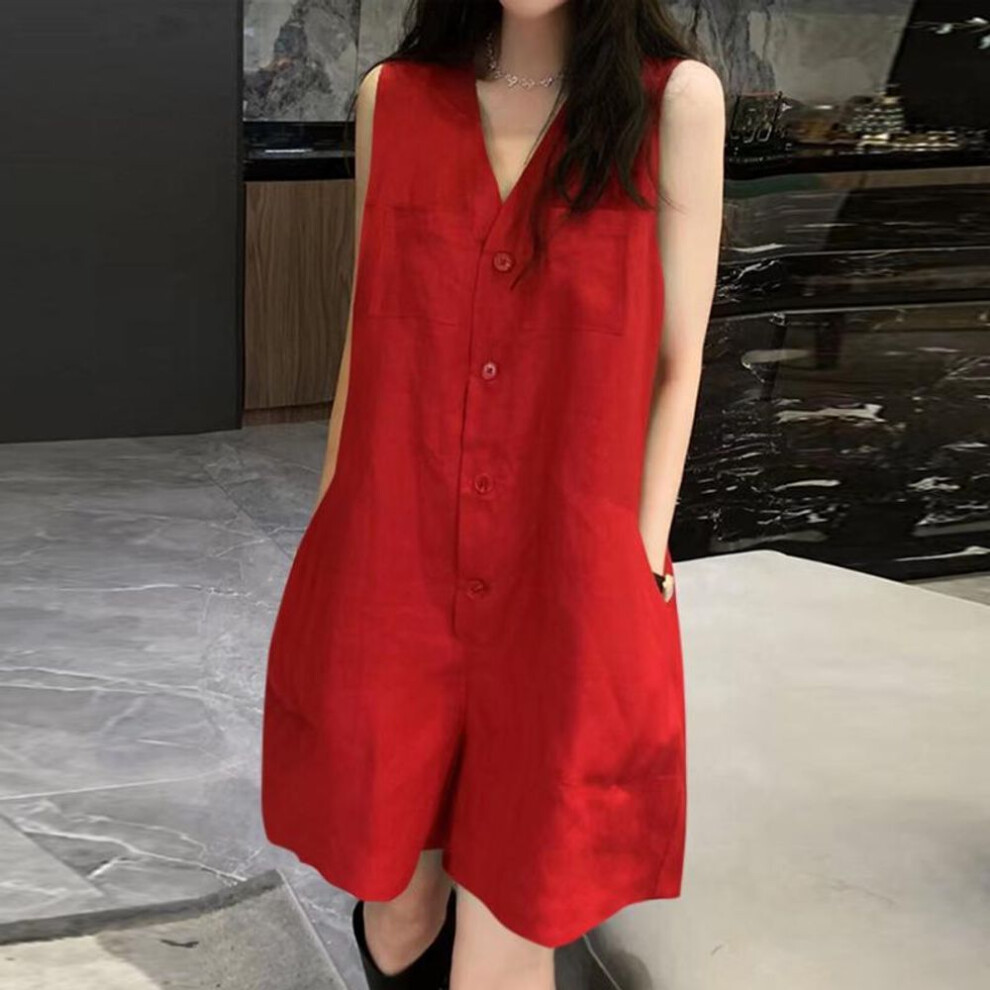 (2XL, red) Vonda Women Summer  V-neck Sleeveless Pocket Jumpsuits