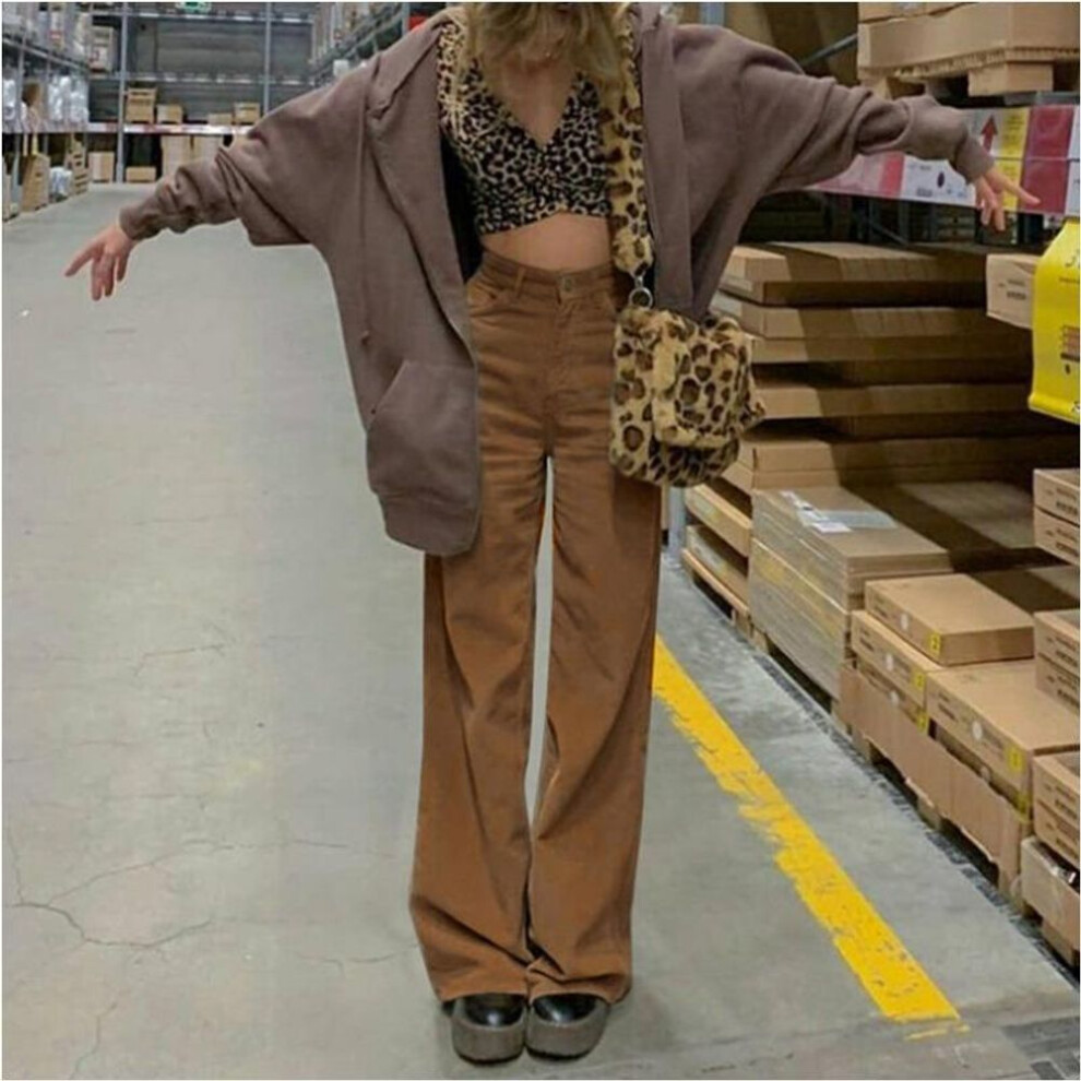 (khaki, M) Corduroy Drag Floor Draped Wide Leg Casual Pants Women Fall