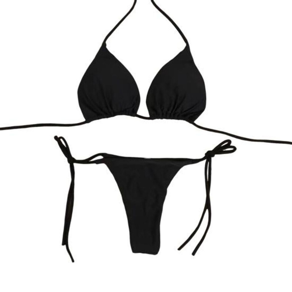 (L, black) 2 Pcs/set Ladies Triangle Bikini Halter Neck Swimwear With Chest Pads Lace-up Thong Swimsuit Sexy Beachwear Bathing Suit For Beach Vacation