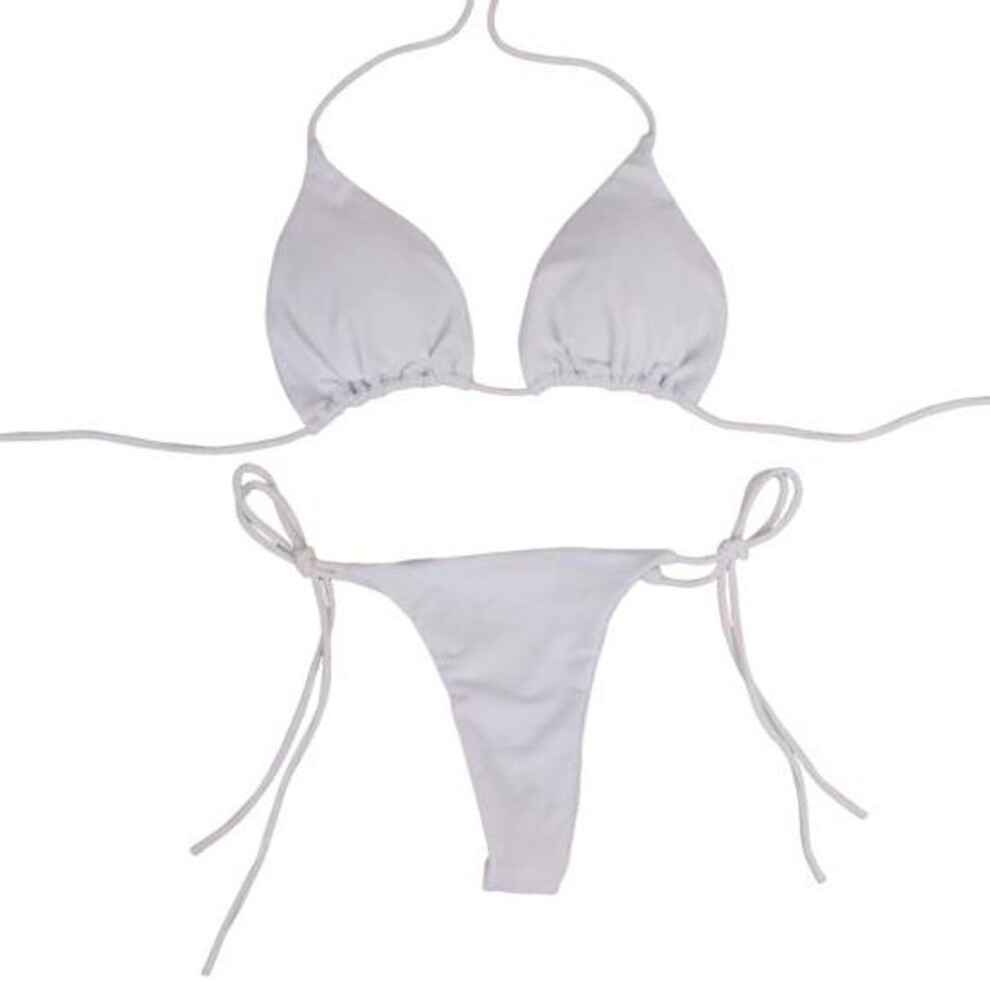 (L, white) 2 Pcs/set Ladies Triangle Bikini Halter Neck Swimwear With Chest Pads Lace-up Thong Swimsuit Sexy Beachwear Bathing Suit For Beach Vacation