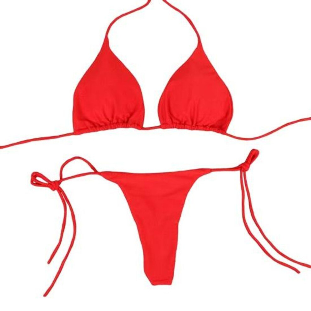 (M, red) 2 Pcs/Set Ladies Triangle Bikini Halter Neck Swimwear with Chest Pads Lace-up Thong Swimsuit Sexy Beachwear Bathing Suit for Beach Vacation