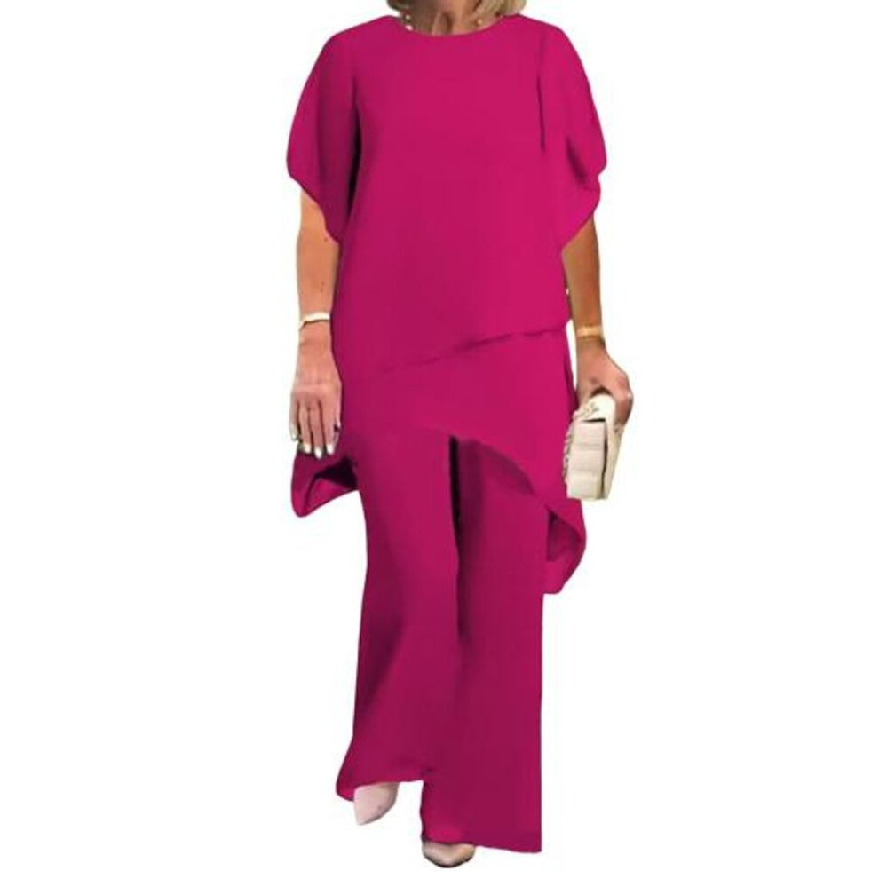 (rose red, L) Women's 2-piece Chiffon Set Casual Plus Size Wide Pant Suit Ruffle Asymmetric Layers Wedding Guest Outfit For Spring Summer